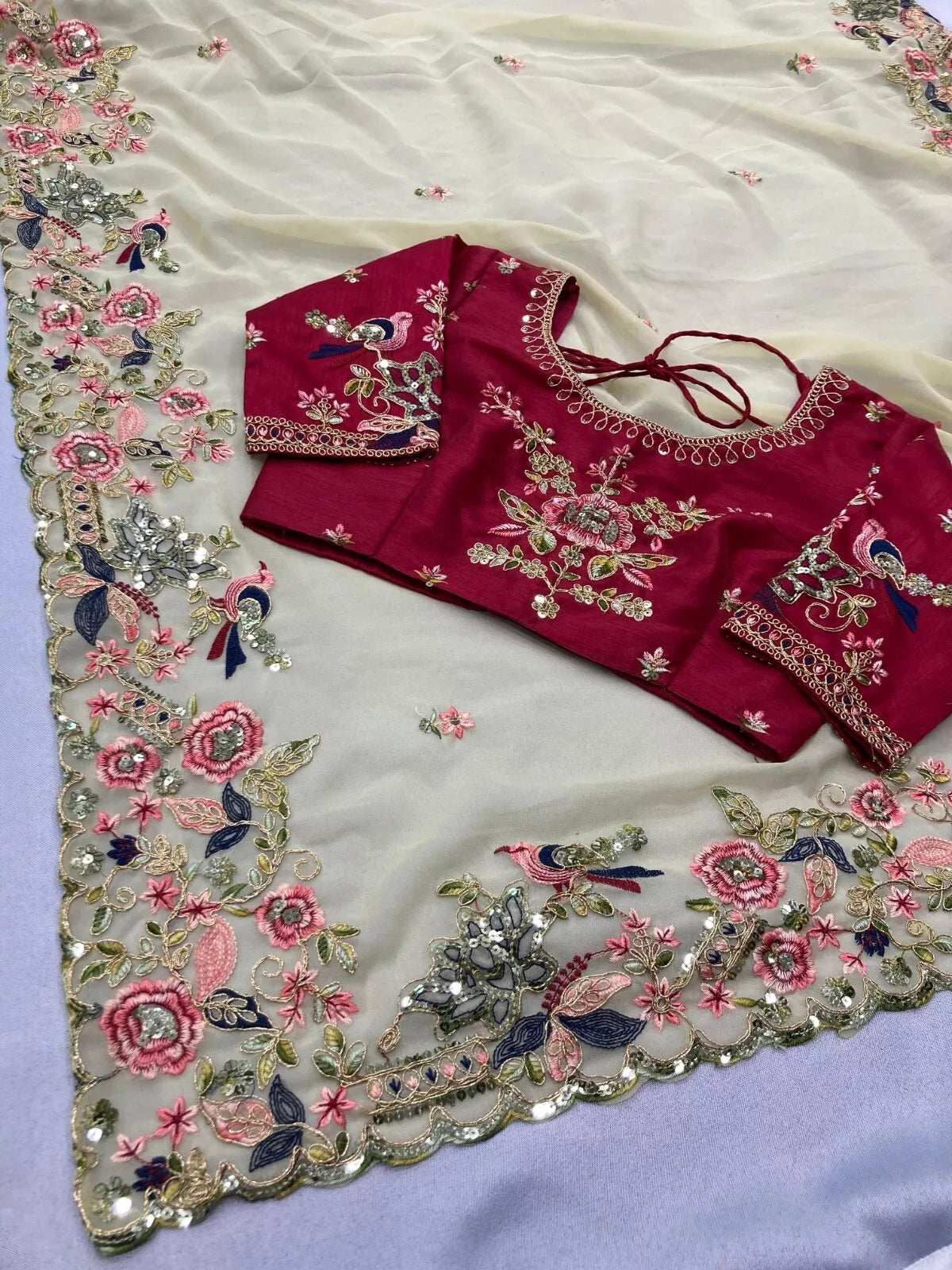 Georgette With Embroidery Work  Designer Saree & Blouse