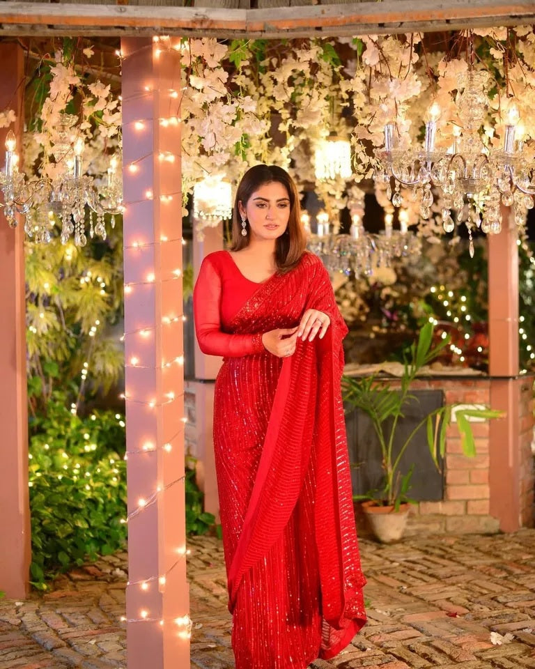 Red Georgette With Embroidery Sequence Work Saree