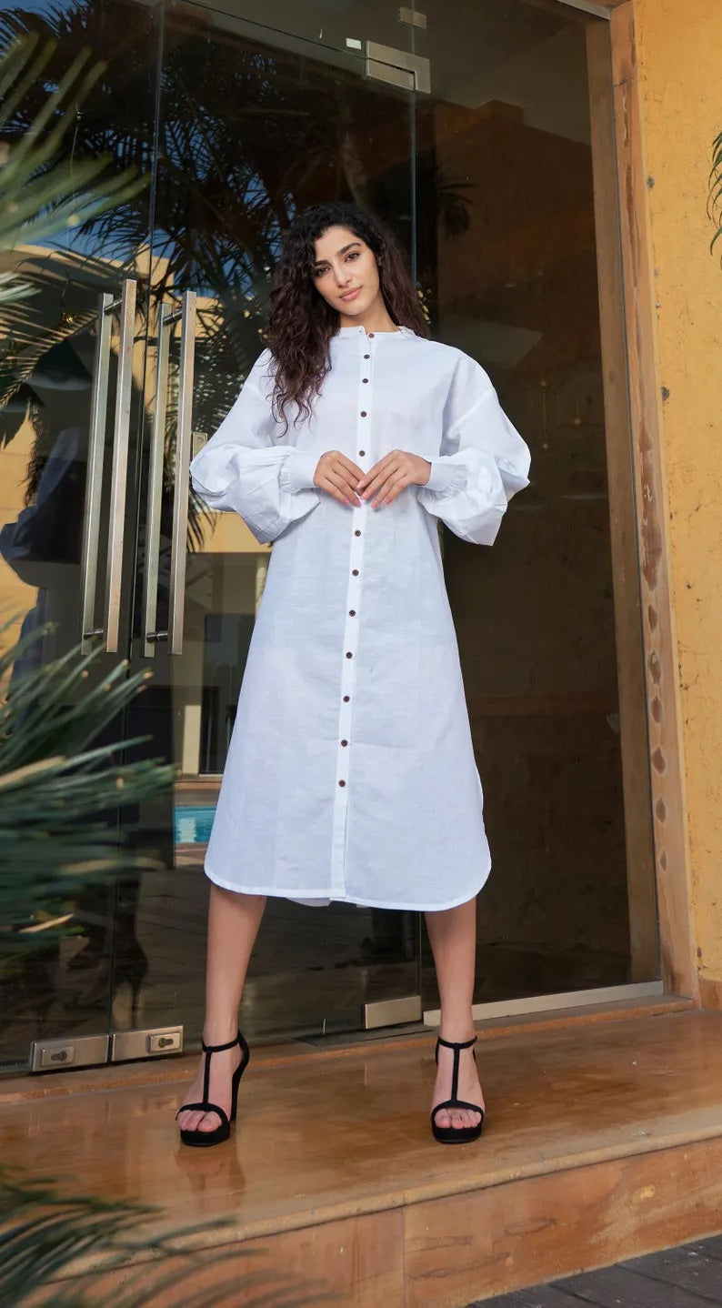 Linen Long Shirt Dress Linen A-line dress Linen maxi dress