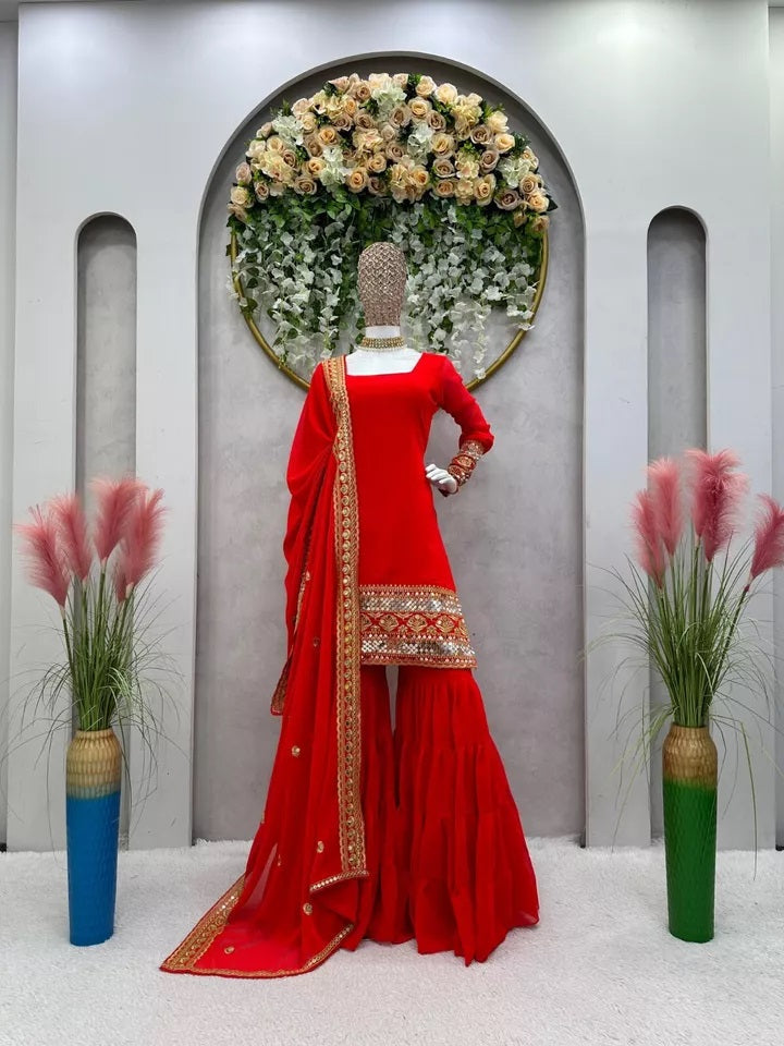Traditional Classic Wear Faux Georgette Stitched Top Sharara With Dupatta