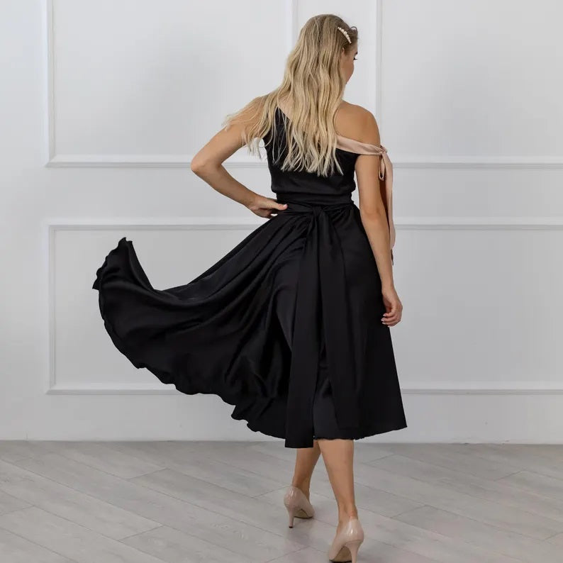 Black One-Shoulder Satin Bridesmaid Dress | Formal Floor-Length Gown