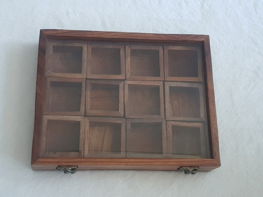 Wooden Multi-Compartment Storage Box Multipurpose Table Top Glass Lid on Top Box Spice box Dry Fruit Box