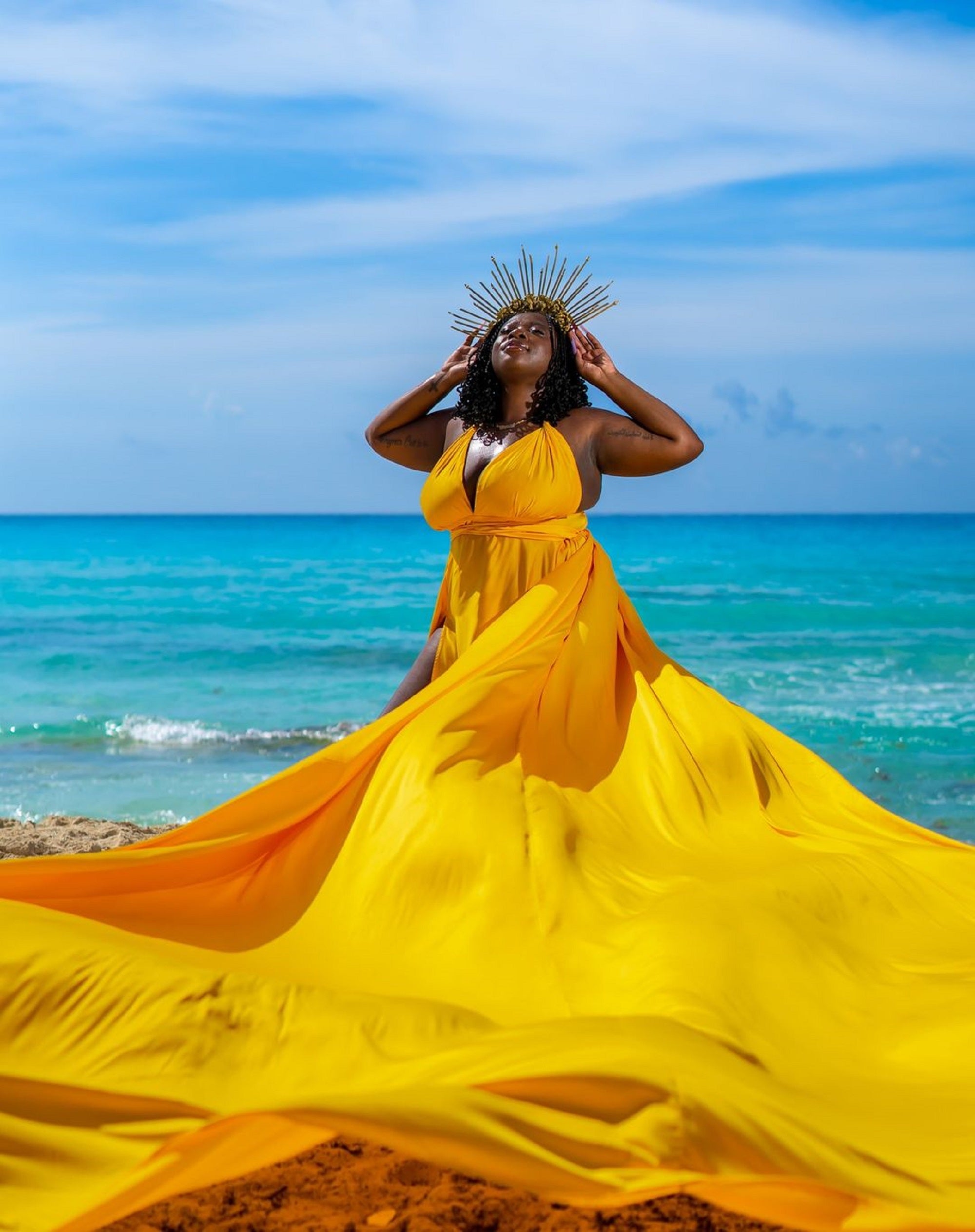 long Satin yellow dress, Flying satin dress, Long train dress