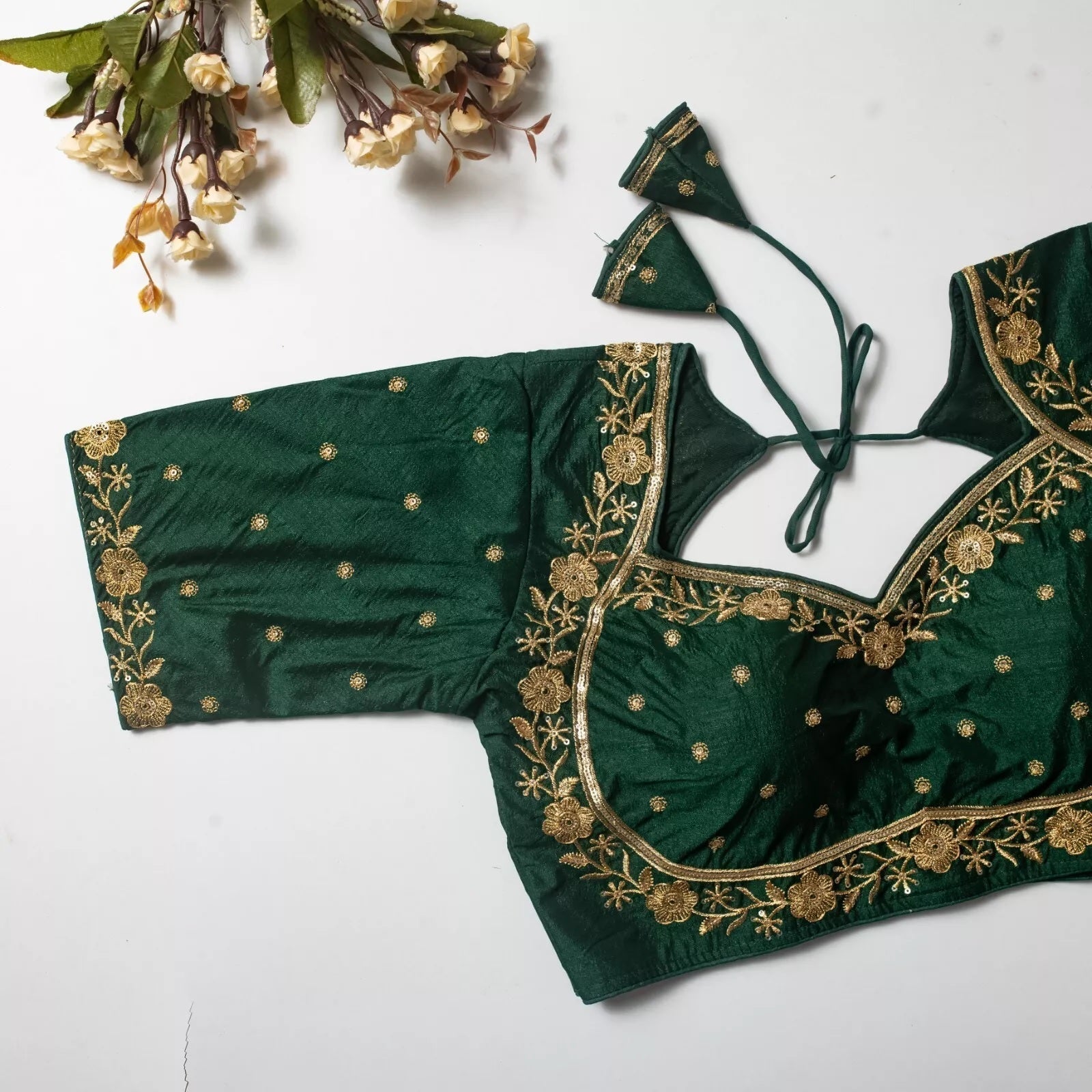 Wedding Exclusive Full Stitched Olive Silk Blouse & Choli