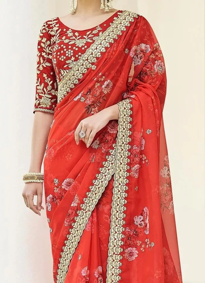 Soft Vichitra Silk Embroidery Sequence Coding Work Saree With Blouse