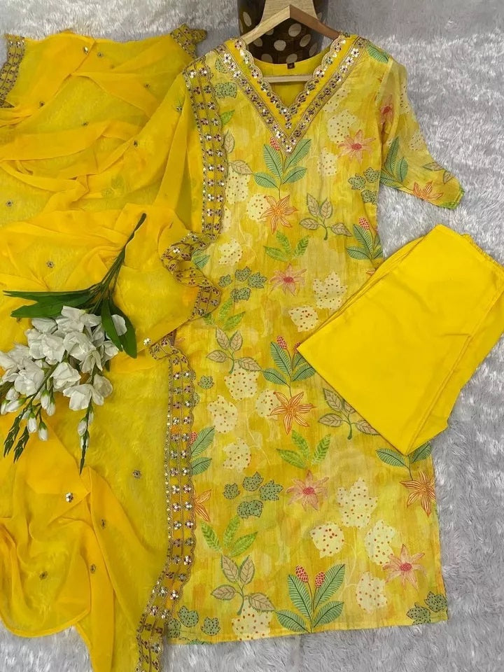 Function Pure Muslin Digital Print With Embroidery Work Kurti Bottom Dupatta