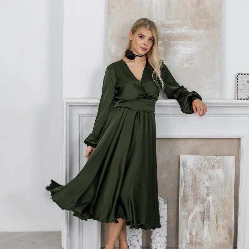Convertible Satin V-Neck Formal Maxi Dress