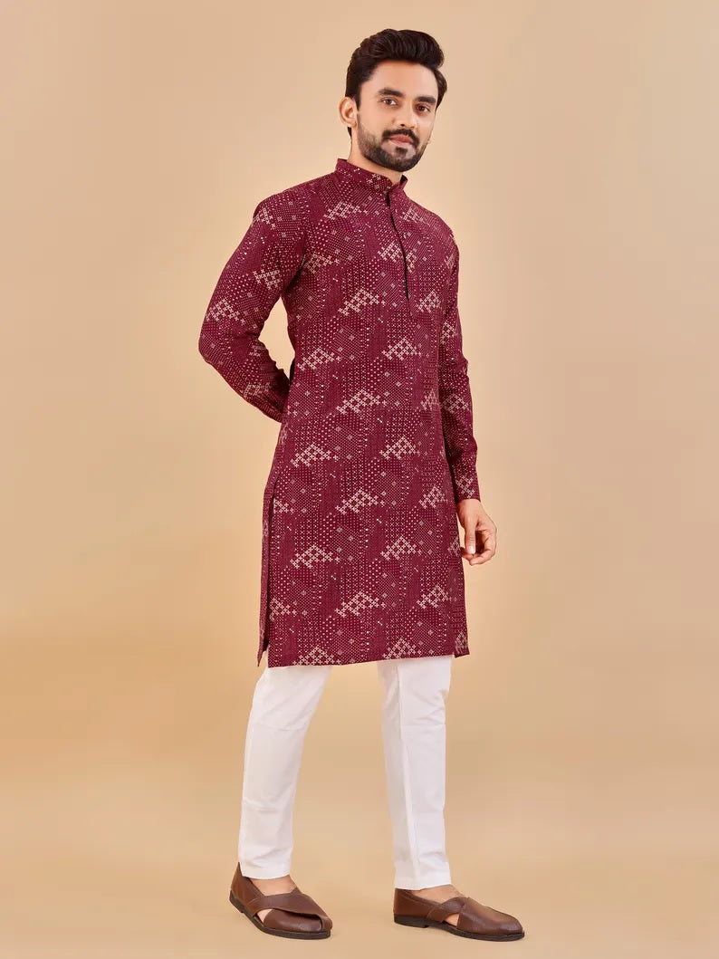 Premium Soft Cotton Foil Print Men's Kurta Pajama Set