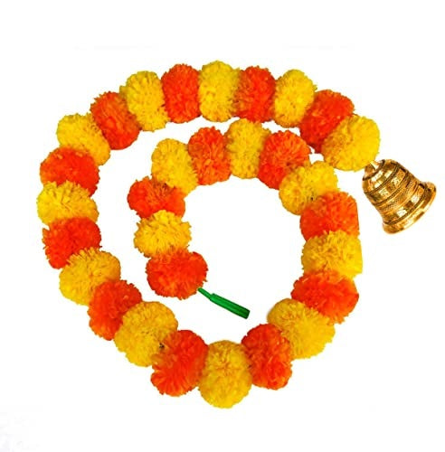 Artificial Marigold Flowers for Decoration Long Flower Garlands With Bells (5 Strings) FG-2