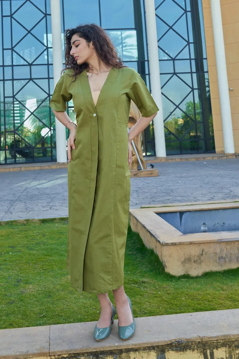 Linen Women Onepiece Dress , V-Neck One Button Center Cut Onepiece