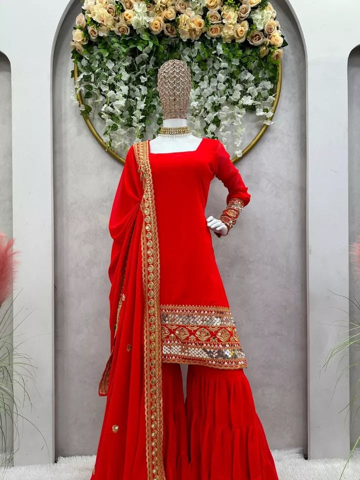 Traditional Classic Wear Faux Georgette Stitched Top Sharara With Dupatta