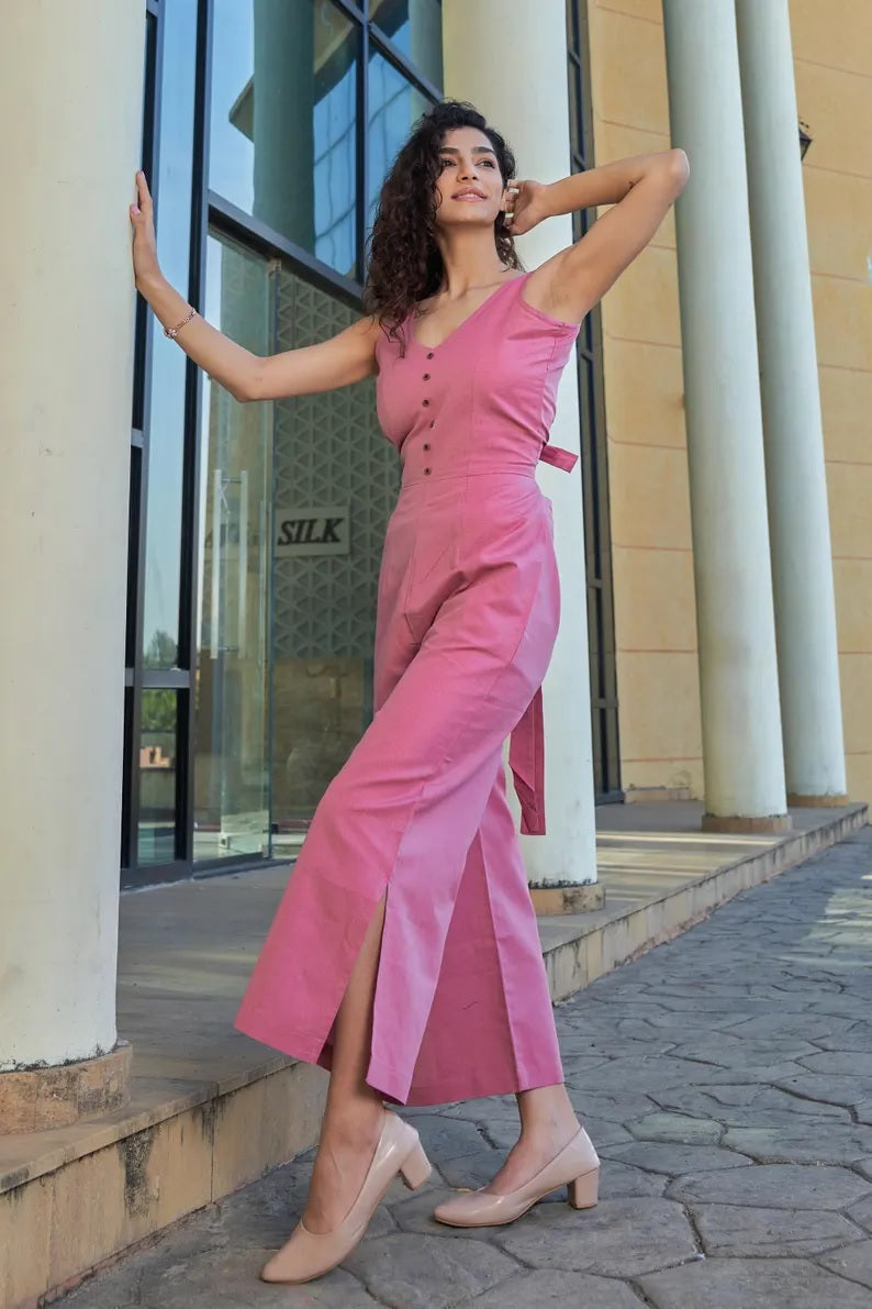 Linen Sleeveless Side Cut Women Jumpsuit , Linen jumpsuit women