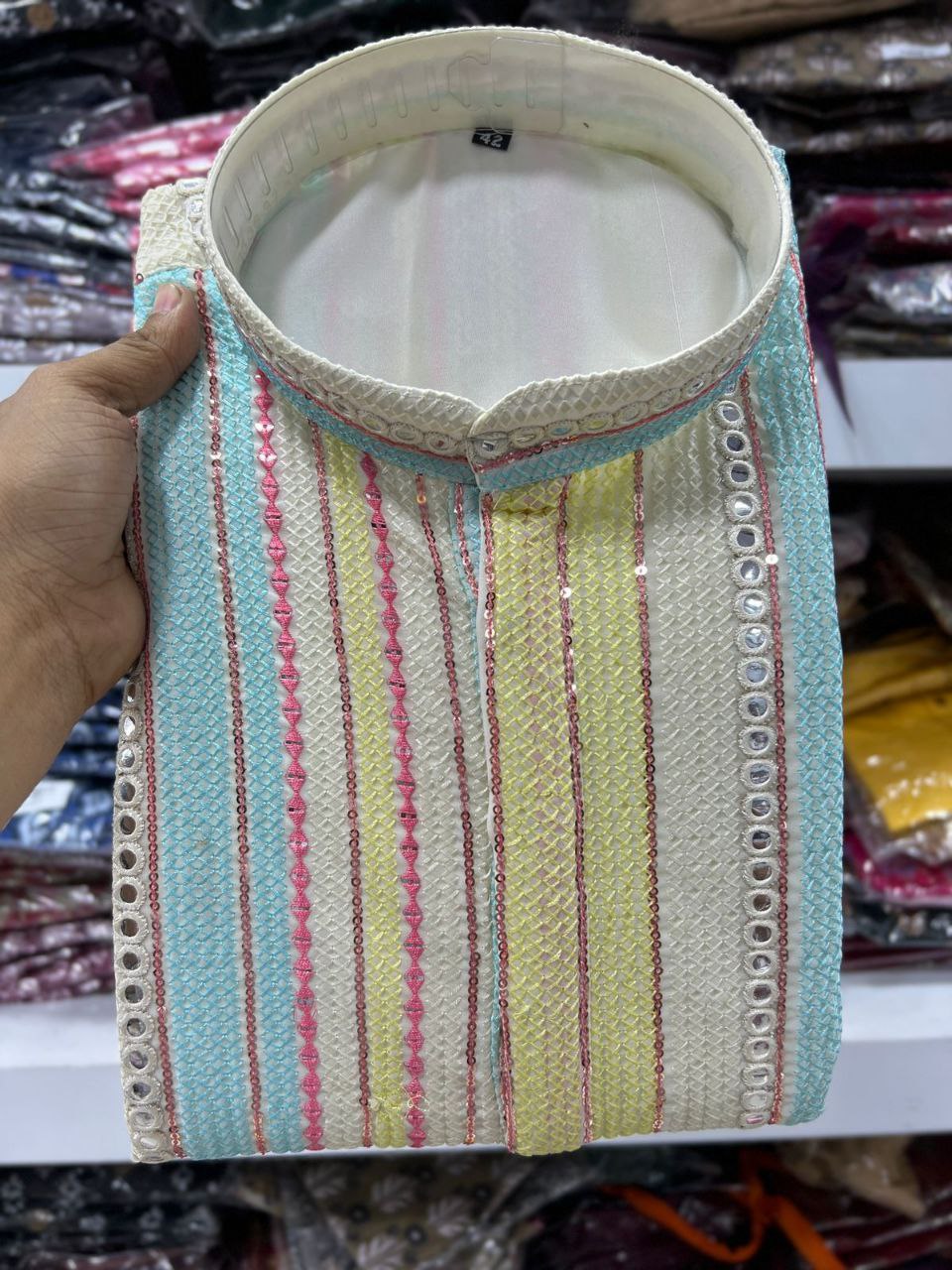 Men\s Heavy Georgette With Heavy Embroidery Work Kurta Pajama Set