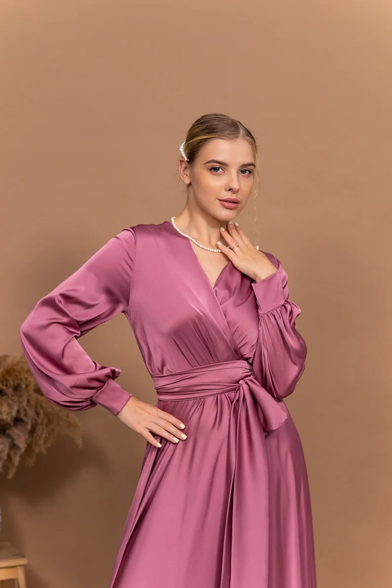Elegant V-Neck Satin Maxi Dress - Flared A-Line Formal Gown