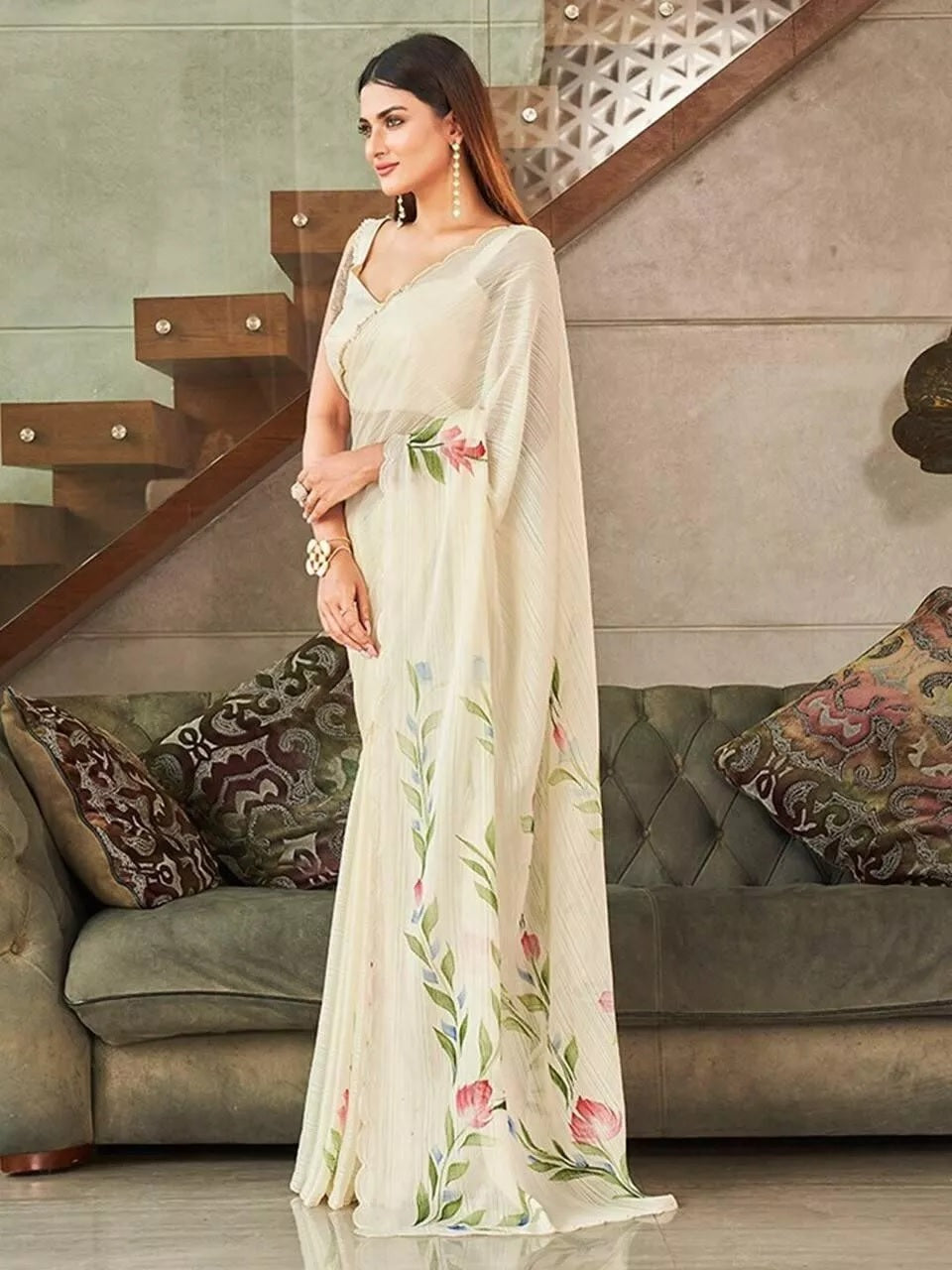 Ethnic Wear Moss Chiffon Saree With Blouse