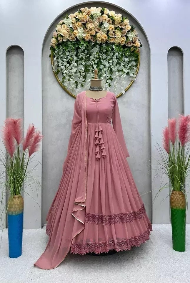 Traditional Classic Full Stitched Faux Georgette Long Anarkali Gown Dupatta