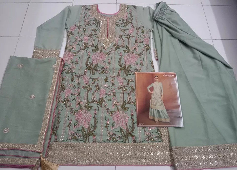 Pakistani Wedding Heavy Star Georgette FullStitched Top Palazzo Dupatta Set