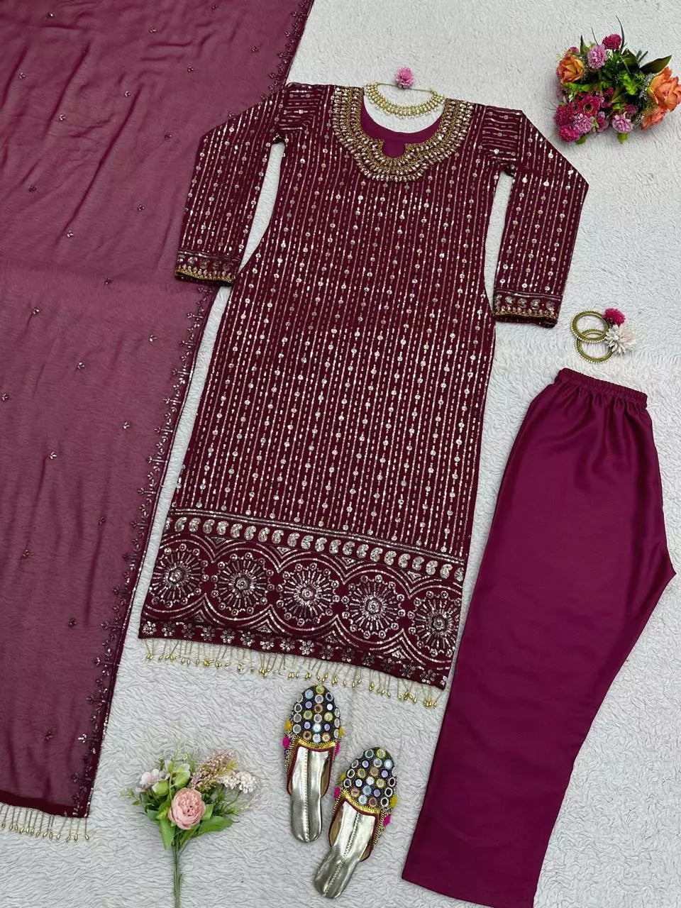 Georgette Function Style Top Pant With Dupatta Set