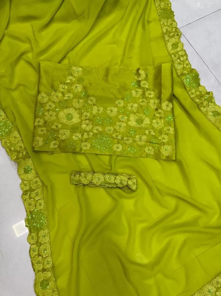 Heavy Soft Georgette Saree, Embroidery Fancy Work Sari & Blouse