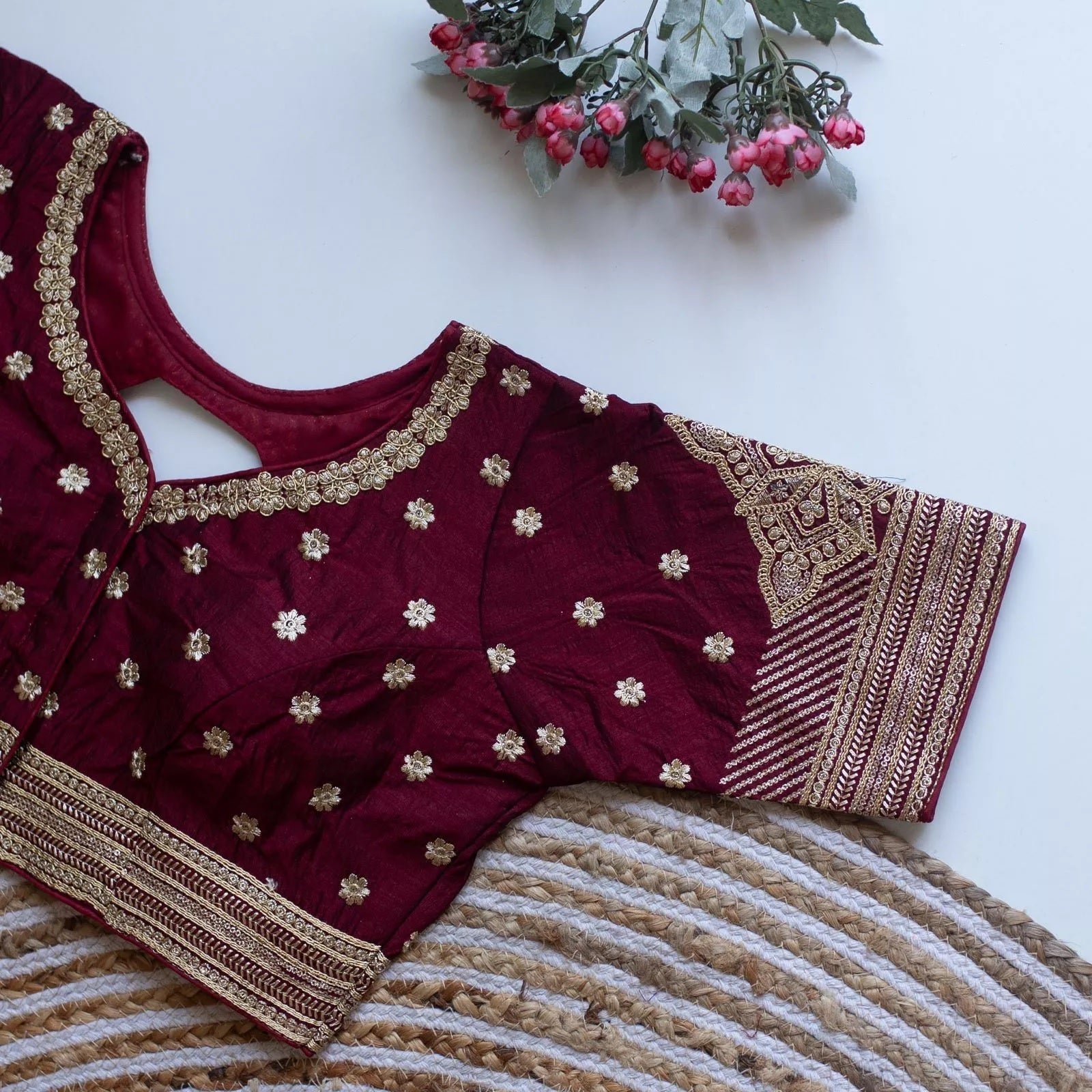 Caterpillar Silk With Golden Embroidery & Sequence Work Full Stitched Blouse & Choli