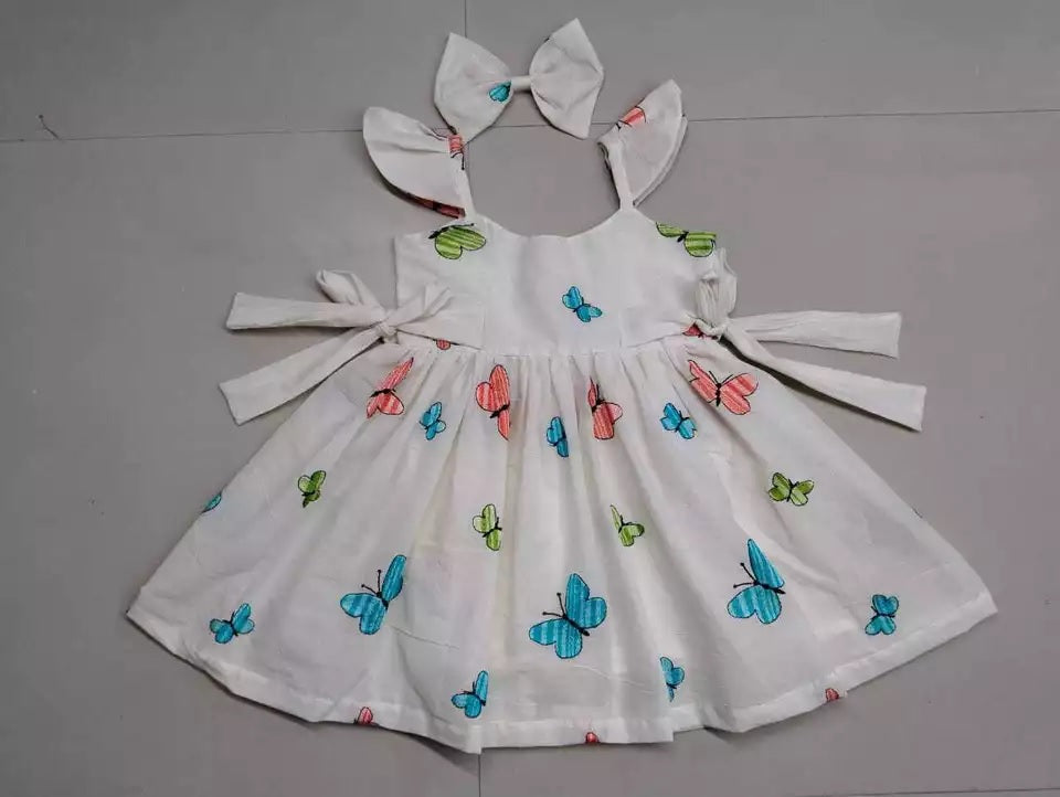 Off White Cotton Frock with Butterfly Embroidery Work