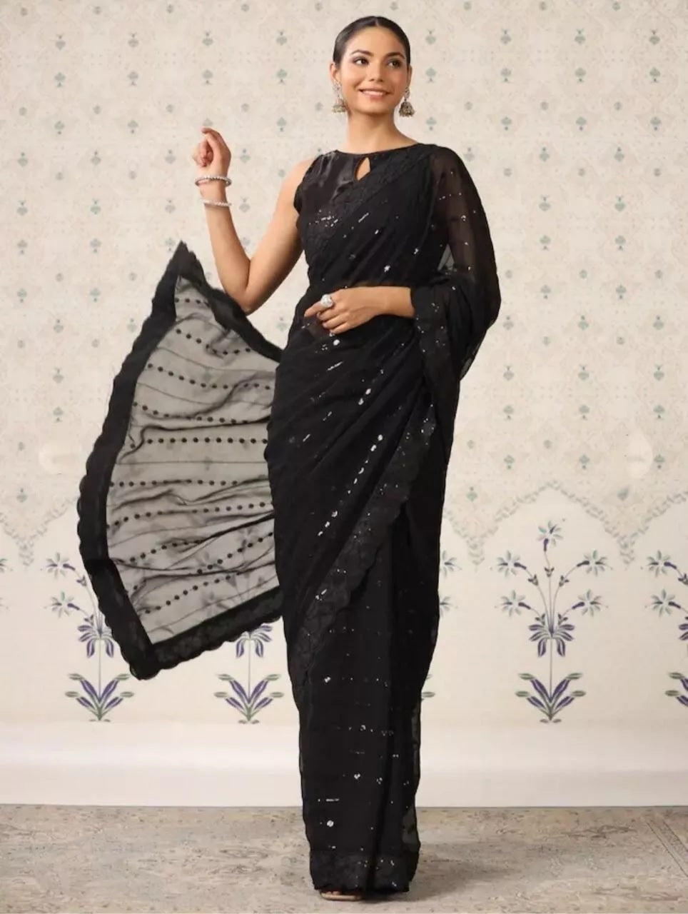 Black Georgette & Sequence Embroidery Work Saree & Blouse