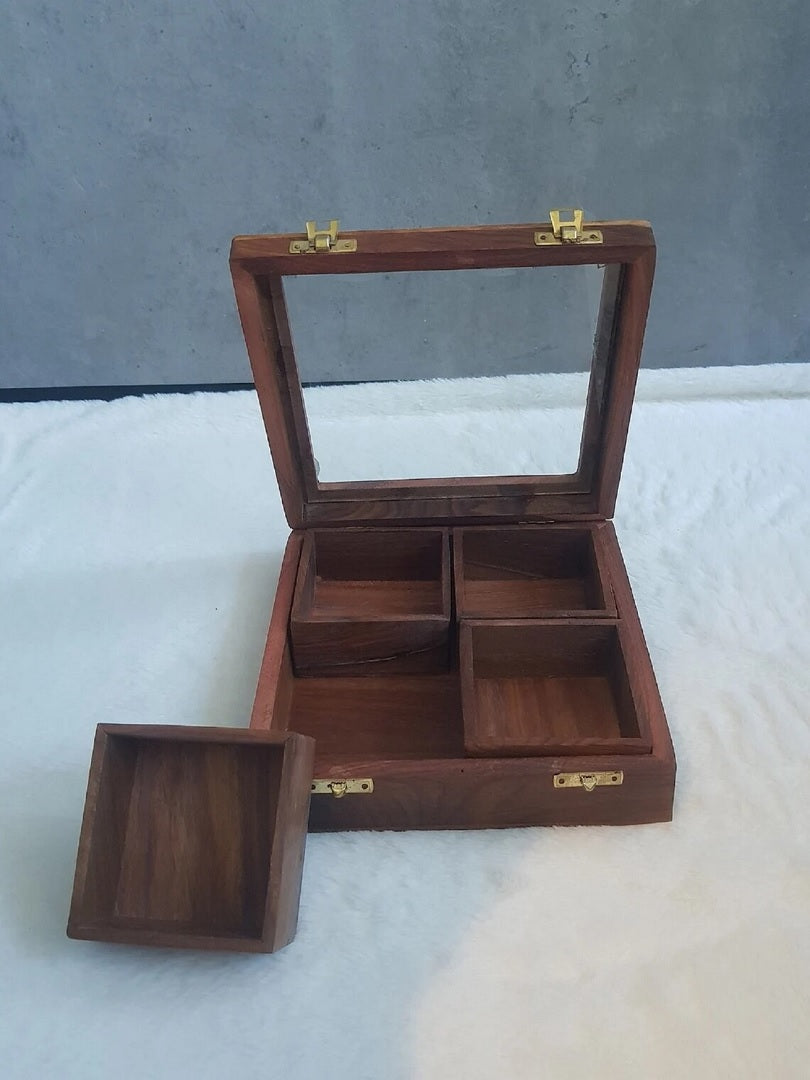 Decorative Teak Wooden Spices Box Massala Box With Mirror Lid & Lock Square Namak Dani