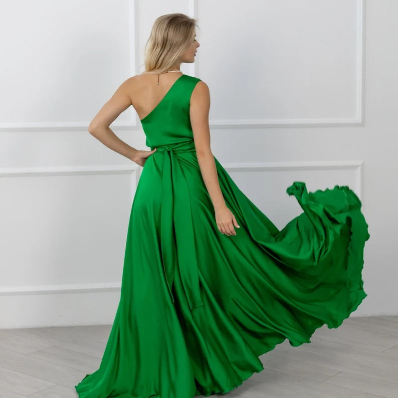 Custom Green Bridesmaid Dress One Shoulder Gown Wedding Guest Dress