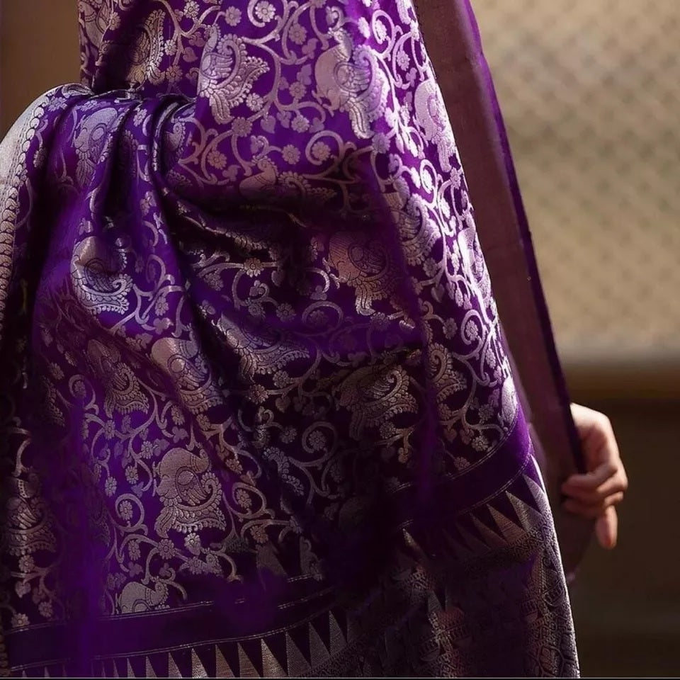 Purple Banarsi Soft Silk Saree & Blouse
