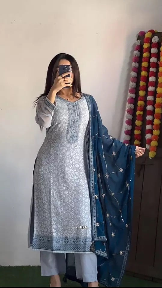 Full Stitched Faux Georgette Top Pant & Dupatta Set