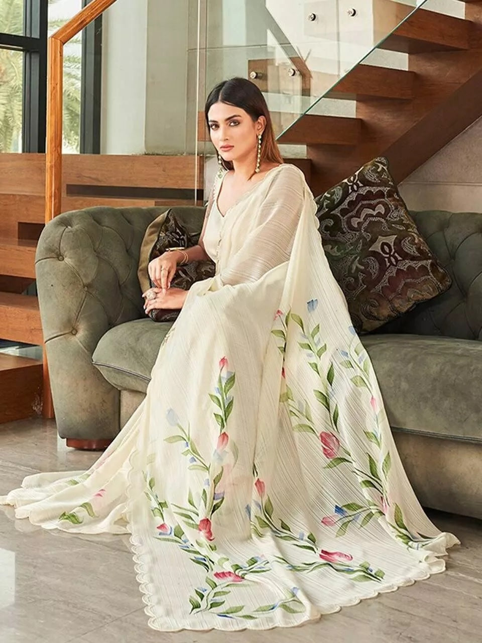 Ethnic Wear Moss Chiffon Saree With Blouse
