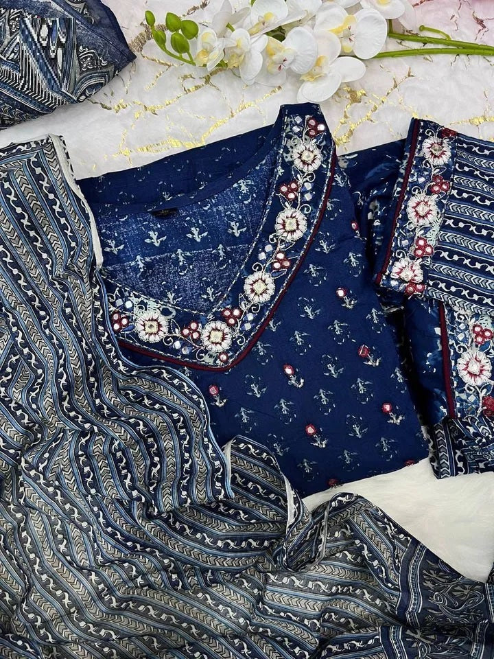Women's Cotton Salwar Kameez Set , Embroidery And Mirror Work  Printed Design