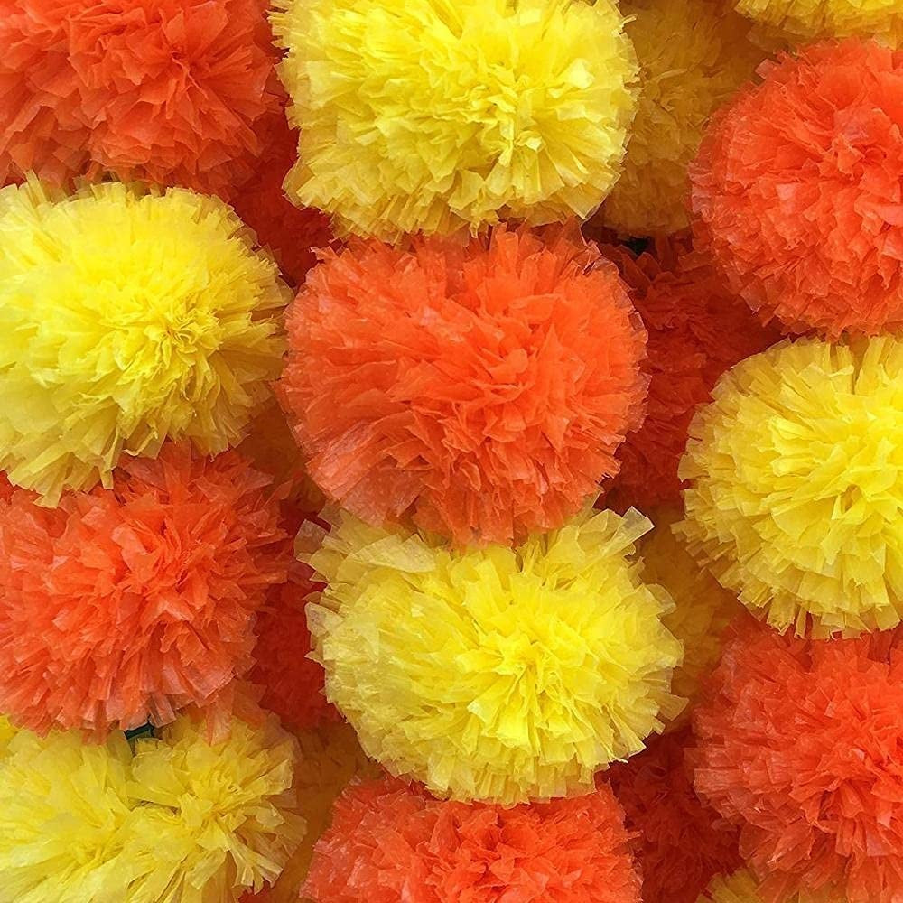 Artificial Marigold Flowers for Decoration Long Flower Garlands With Bells (5 Strings) FG-2