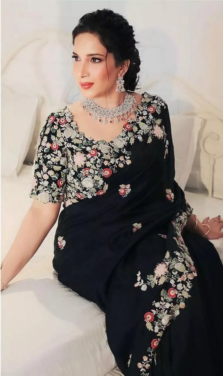 Party Wear Georgette Embroidery Work Saree With Blouse