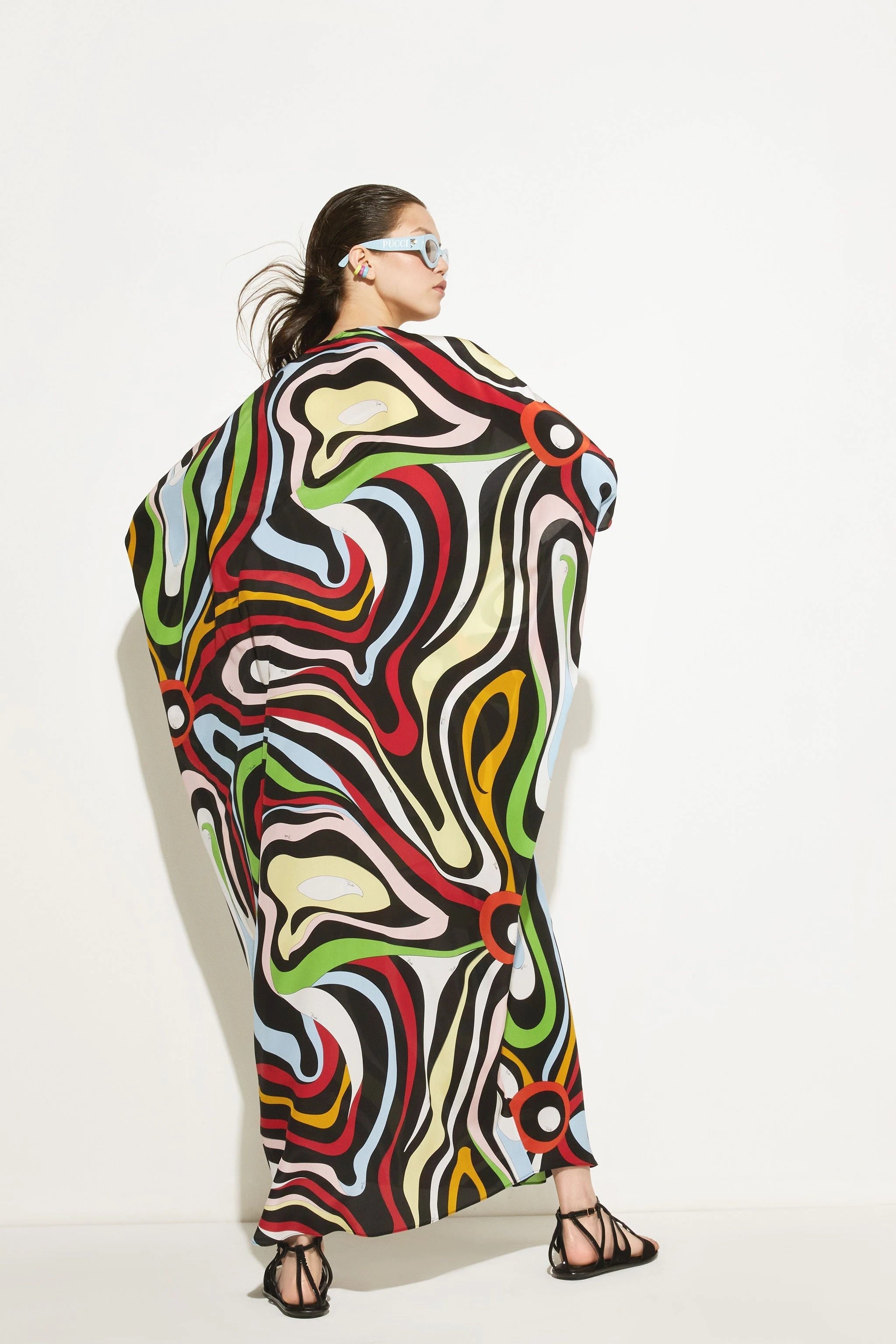 Women Printed Multi Color Caftan, Long Silk Crepe Kaftan