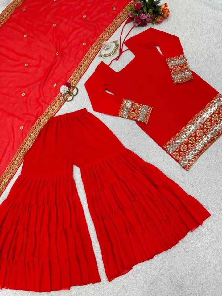 Traditional Classic Wear Faux Georgette Stitched Top Sharara With Dupatta