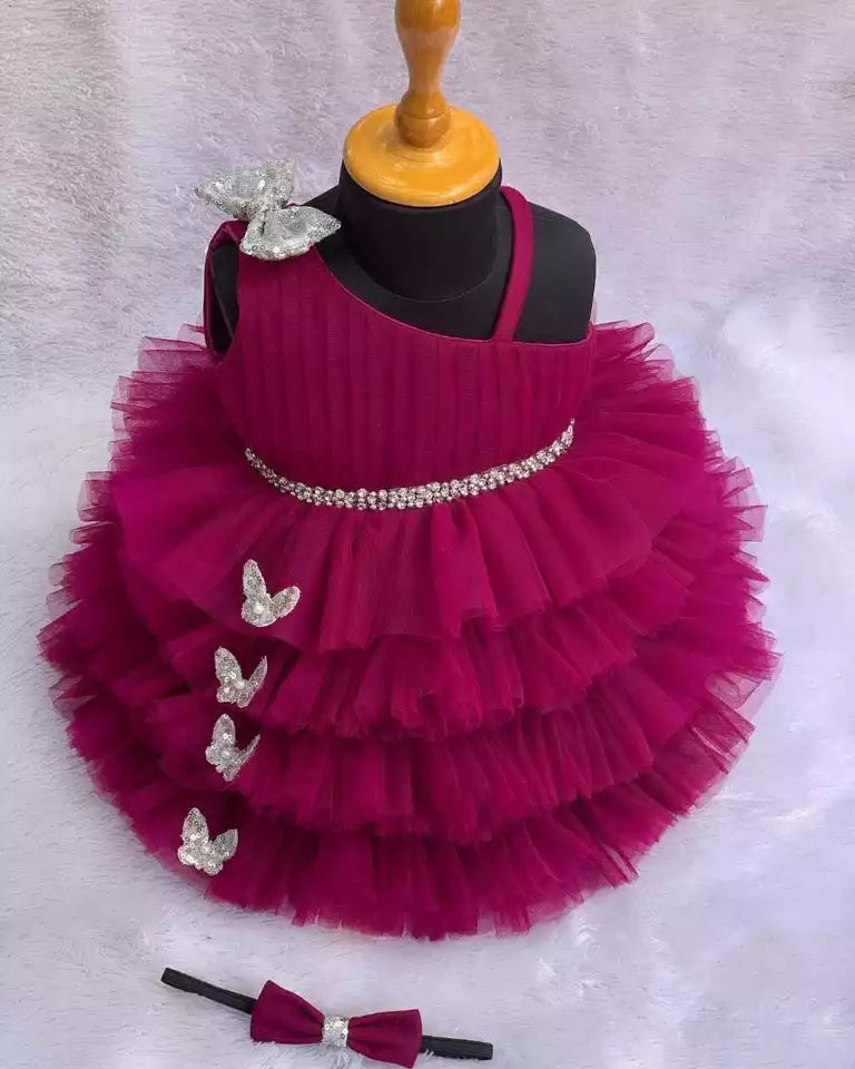Lovely Sequins Bow and Diamond Belt Net Frock for Baby Girls