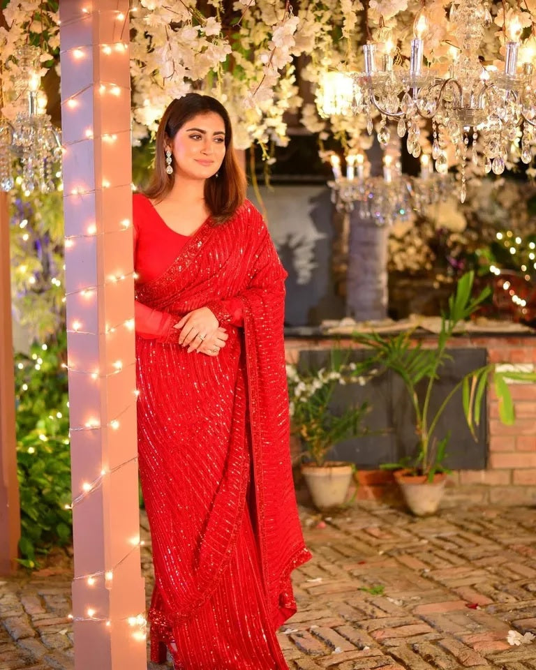 Red Georgette With Embroidery Sequence Work Saree