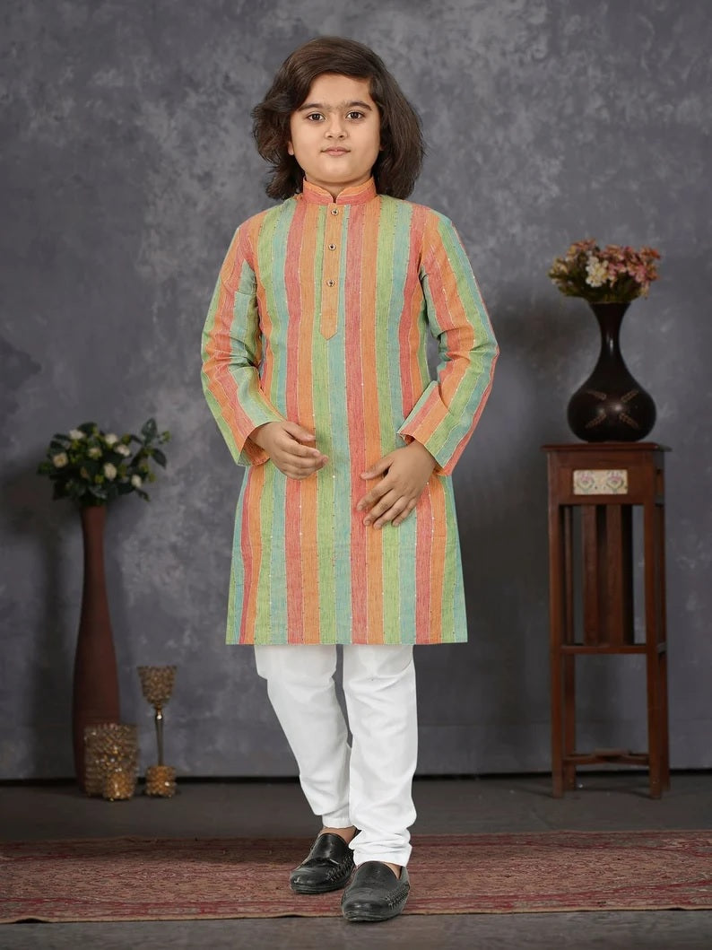 Linen Slub Strip Fancy Kid's & Boy's Kurta Pajama Set