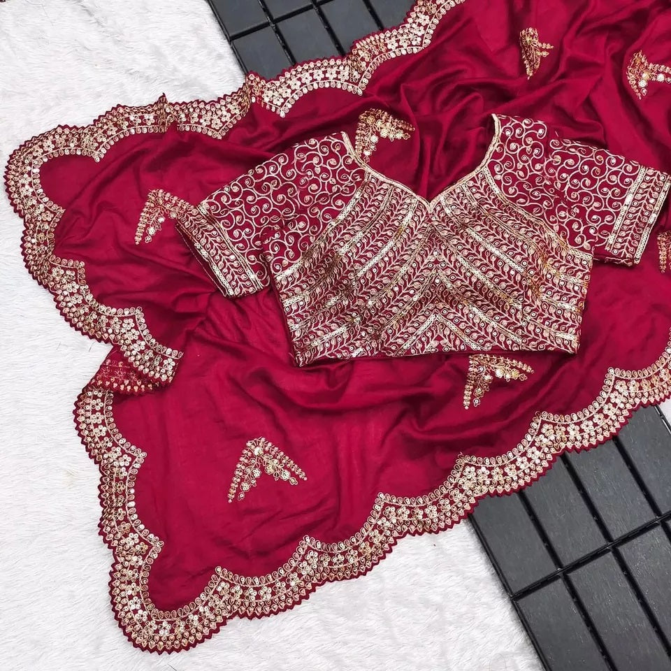 Wedding Pure Soft Glooming Vichitra Silk Saree,Traditional Sari & Blouse