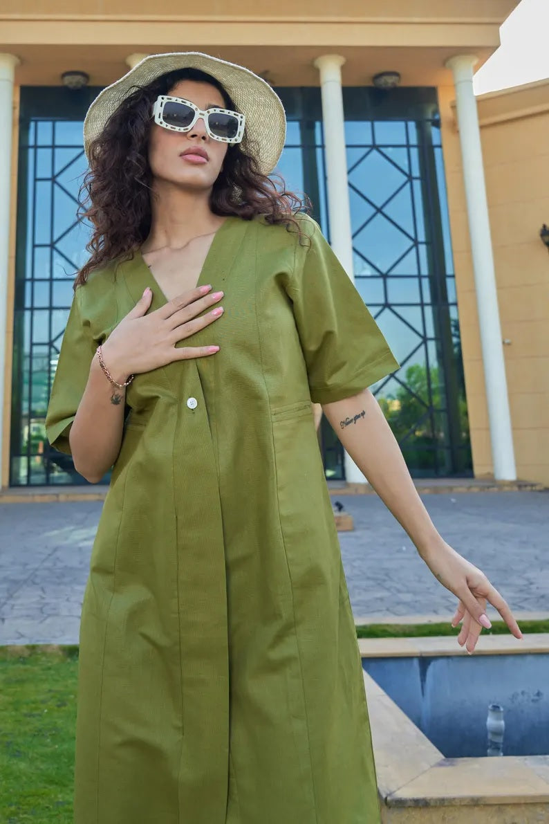 Linen Women Onepiece Dress , V-Neck One Button Center Cut Onepiece