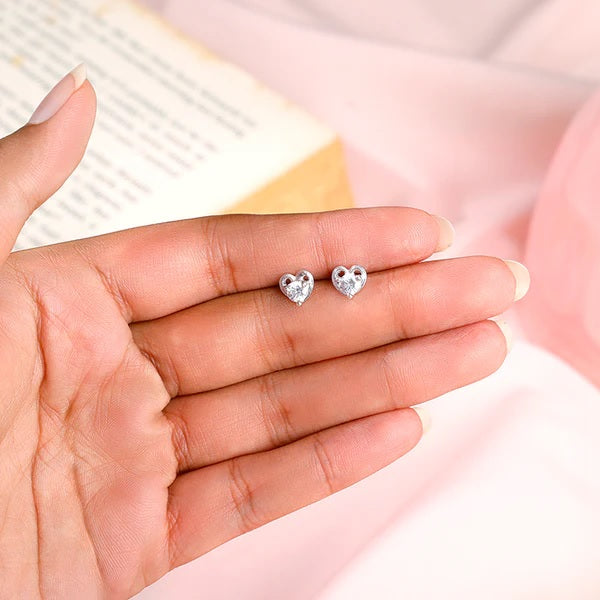 Silver Zircon Small Heart Studs Made with 925 Silver