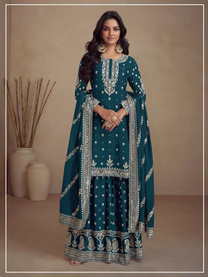 Party Wedding Collection Semi Stitched Heavy Silk Top Palazzo & Dupatta