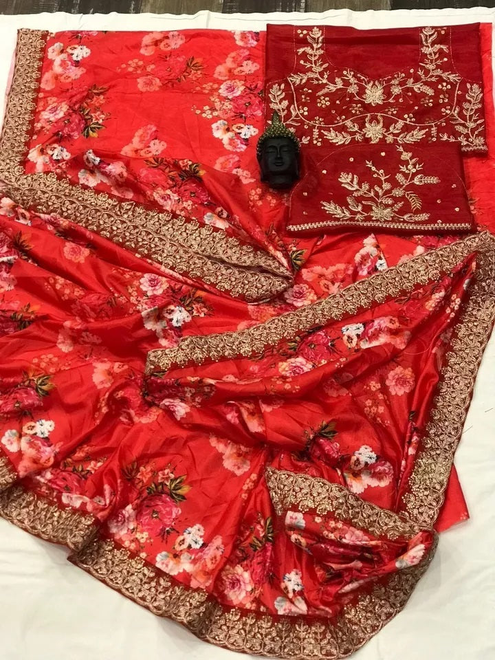 Soft Vichitra Silk Embroidery Sequence Coding Work Saree With Blouse