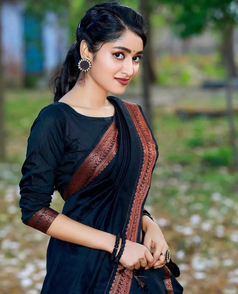 Black Designer Ethnic Wedding Banarasi Soft Silk Saree & Blouse