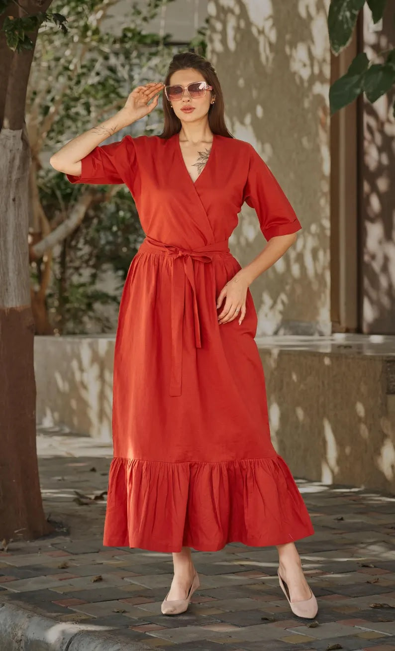 Linen V- Neck half Sleeve With Adjustable Maxi Dress , Red Kaftan Linen Dress