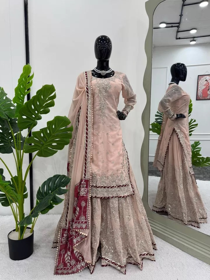 Indian Wedding Special Ethnic Stitched Faux Georgette Top Sharara Dupatta