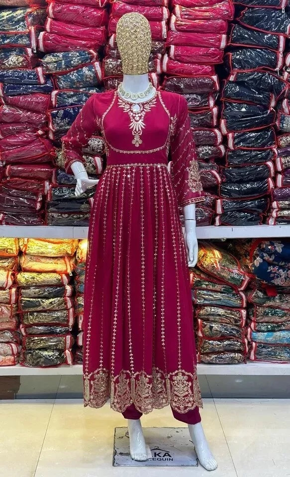 Classic Ethnic Stitched Pure Faux Georgette Long Anarkali Gown Pant Dupatta