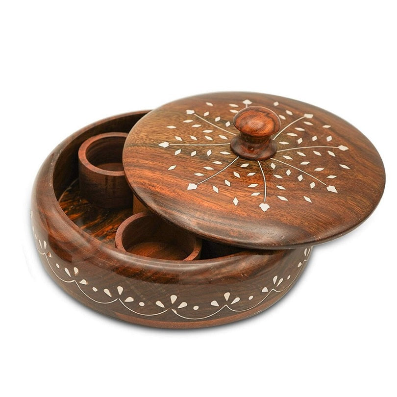 Round Wooden Masala Box, Anjarai Petti, Dry Fruit Box, Spices Box