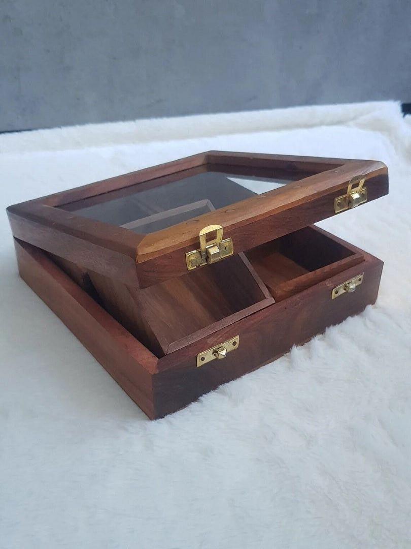 Decorative Teak Wooden Spices Box Massala Box With Mirror Lid & Lock Square Namak Dani